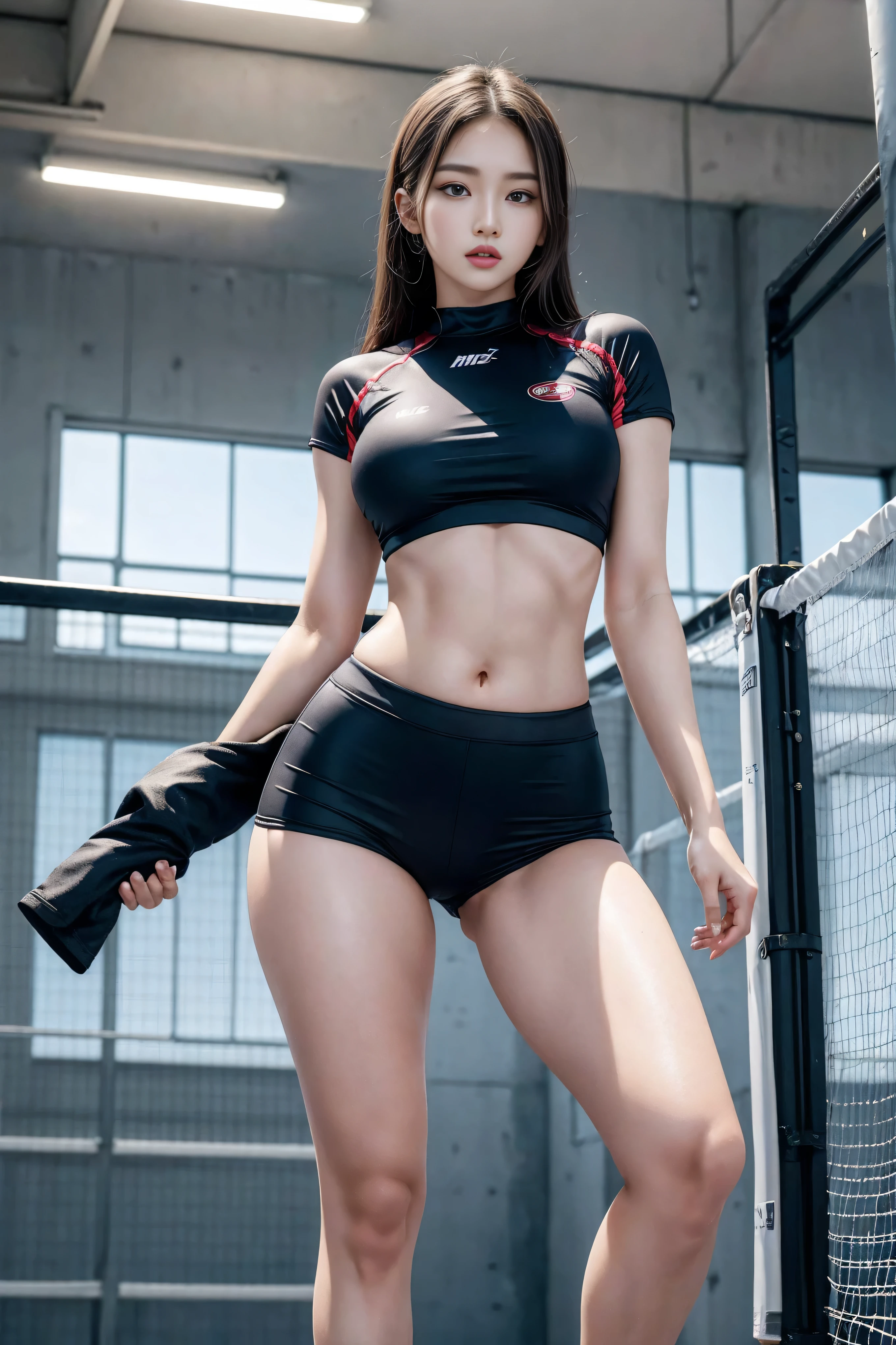 ((tmasterpiece, best qualtiy)),A highly detailed,8K,realistic focus,Complicated details,a big breast chinese girl,Female volleyball player,Women's volleyball uniform,Wearing the number 9 shirt,over knee socks,(((Indoor arena background))),Tall guy,long leges,pony tails,Cocked buttocks,(((little breast))),tit,Open your clothes,revealing breasts,See the breasts,See the nipple,Robust body,Sexy and robust,Detailed abs,Detailed muscle lines,teat,dynamicposes,Greasy body,sweating body,Normal body proportions,Normal face,Normal hands,frontage,fully body photo,tall image,Look from the bottom up,look from down,