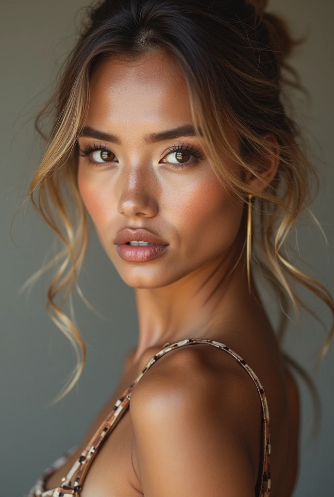 into the image, we see a woman of Vietnamese and American descent, with tanned skin, typical vietnamese. Her face is round and delicate, with a small, slightly rounded nose, that famous one "potato nose" that brings a sweetness to your look. His eyes are pulled, almond-shaped, which reflects its Asian roots. She has a serious look, almost thoughtful, which matches the casual pose he is in.
Her hair is long, smooth ass, but with soft waves, não é aquele smooth ass chapado. It's blond, but clearly dyed, with the darker roots contrasting with the warm blonde that dominates the rest of the strands. Waves in hair give a natural movement, which further enhances the contrast between the roots and lighter ends.
She is wearing a jacket, that you asked to replace with the blouse that was in the previous image. The jacket adds a stylish yet casual touch to her look., matching the stripped-down setting of the original image. The pose and framing of the image follow the same pattern as the drawing you submitted., with her slightly leaning forward, looking directly at the camera, with a strong and expressive countenance.