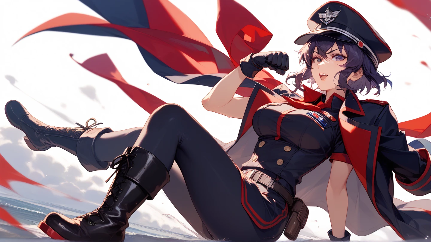 Officer Rika has a lean, athletic build, standing at 5'7" with long, toned legs and a slender waist.with big  and fat ass .Her skin is a fair porcelain tone, and her eyes are a striking shade of ruby red that seem to smolder with intensity. She has long, straight jet-black hair that reaches down to her waist, with a vibrant scarlet streak running through it. A small, alluring scar above her left brow adds a touch of mystery to her captivating features.Officer Rika wears a tailored black police uniform, which accentuates her figure and features. The jacket is fitted at the waist and sleeves, with epaulettes on the shoulders and a badge on the left breast pocket. The skirt is a short, flared design that showcases her shapely legs, and she wears black stockings underneath for practicality. Her shoes are a combination of black boots and polished leather dress shoes, completing the ensemble. To accessorize her look, Rika holds a sleek, black pistol in her right hand, ready for action. She also wears a matching black headband that holds her hair back in a sleek ponytail, with cat ears and cat tail . Her utility belt is adorned with various pouches and holsters for her police equipment, adding a touch of functionality to her sexiness.