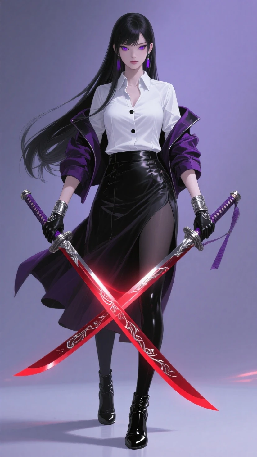 Slender Female Hunter. Mafia outfit holding a glowing silver sword. Ready to fight. Realistic