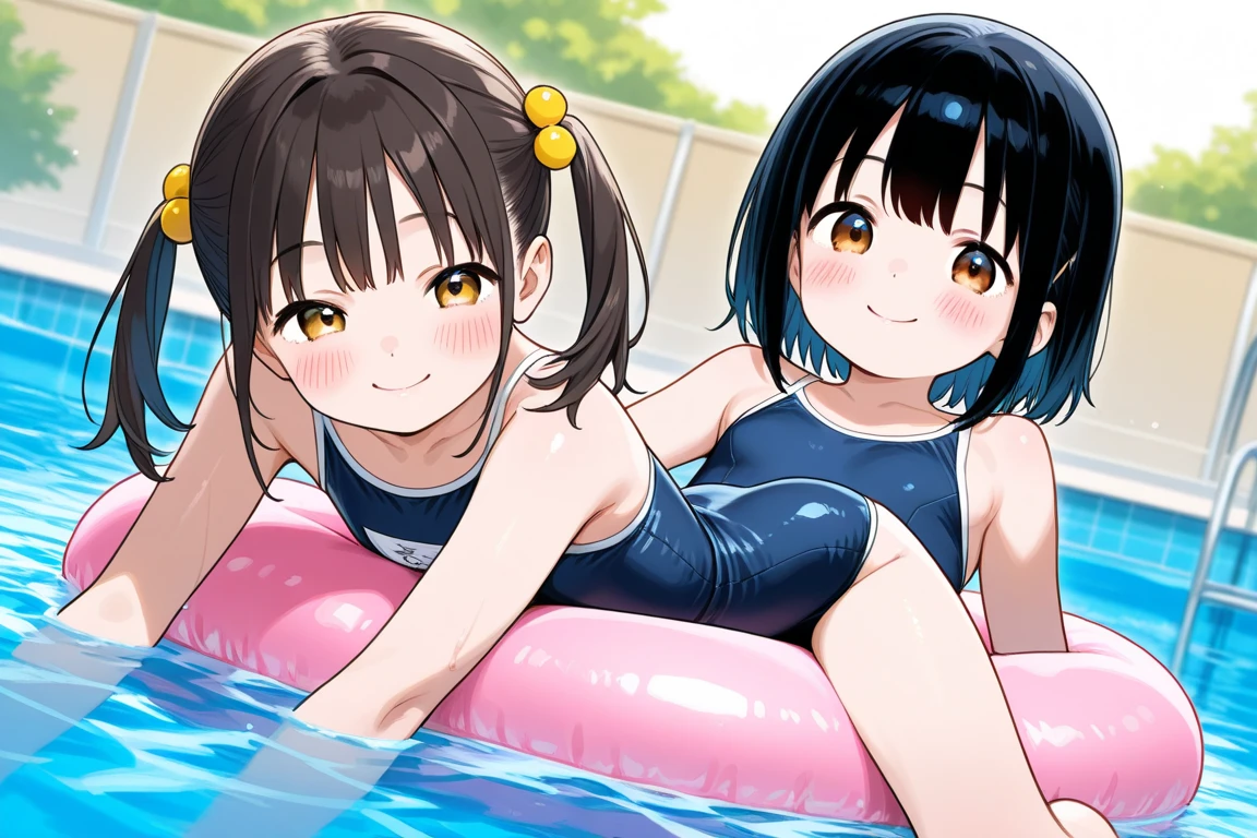 (masterpiece,highest quality,Ultra-high resolution,Highly detailed 8k wallpaper,Super detailed,Very condensed one girl,Delicate and beautiful features,Beautiful fine details,Beautiful lighting,anatomically correct),View Viewer,side angle,bikini,pool,lie on own back,embarrassed,nervous smile,,slender,middle hair, little two side up,flat chest,shiny hair,Fair skin,Straight black hair