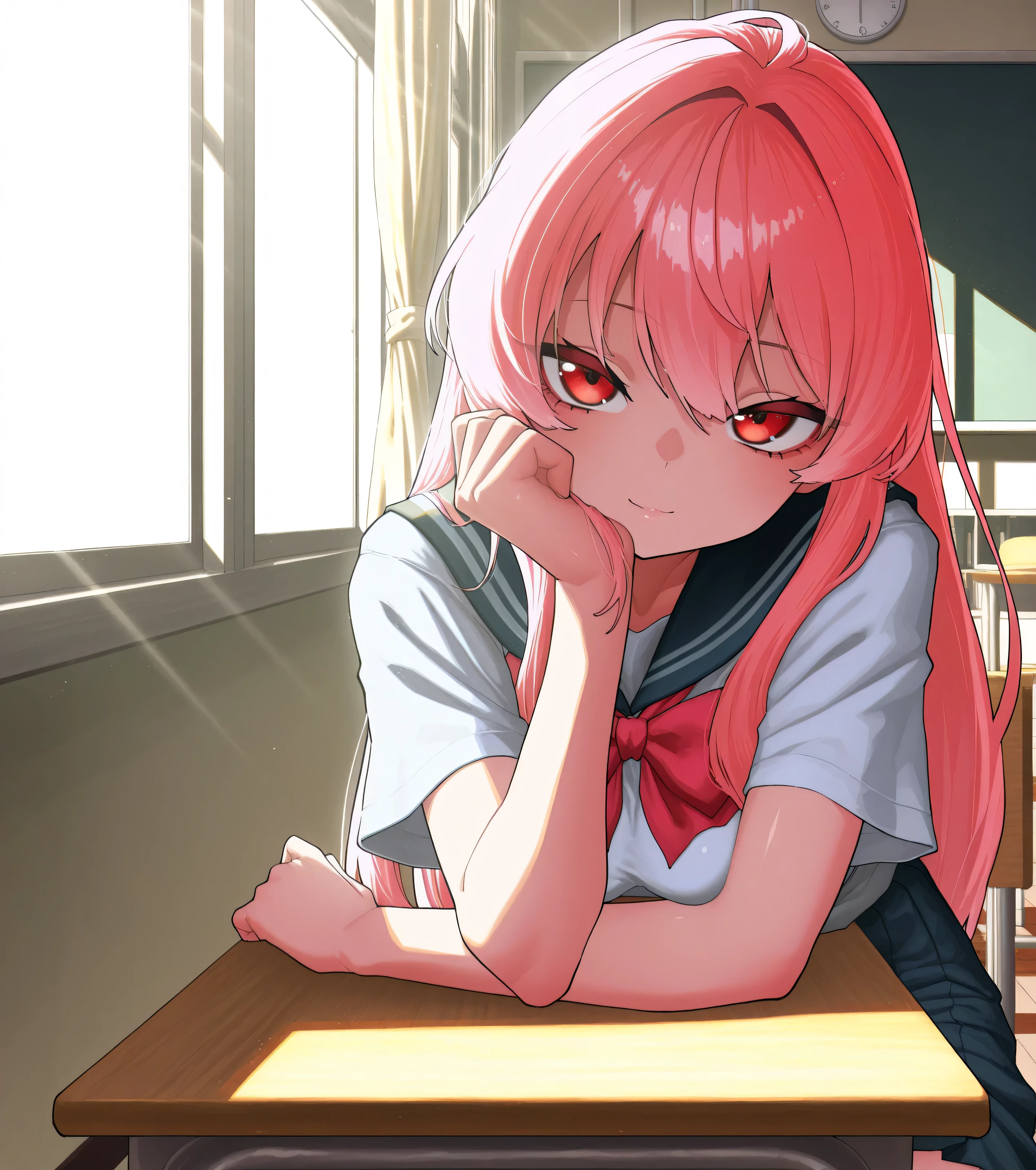 kmj-anonstyle, [artist:yoneyama mai], [artist: ekrea_jan], (atahuta:0.5), masterpiece,best quality,amazing quality, 748cmstyle, solo, eye focus, anime screencap, looking out window, pink hair, long hair, red eyes, school uniform, class room, sitting, dreamy expression, medium breasts, sunlight
