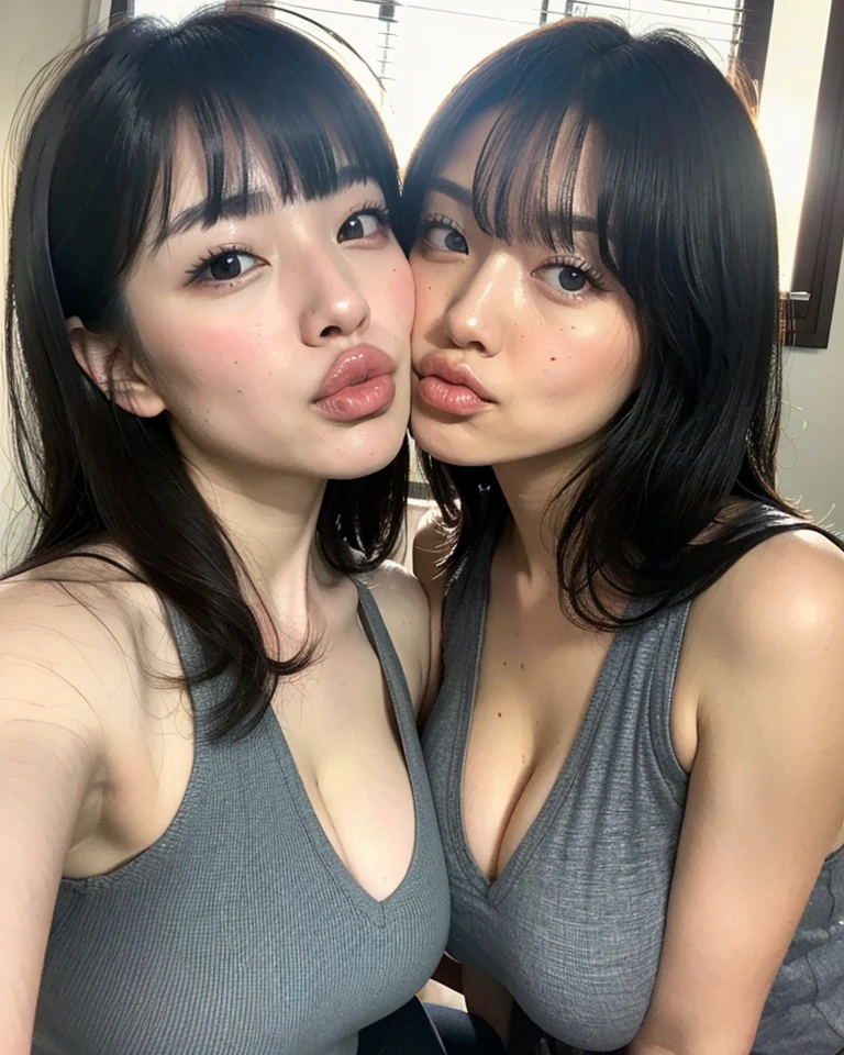 dressed、(Photoreal:1.4)、(hyper realistic:1.4)、(realistic:1.3)、
(smoother lighting:1.05)、(映画の照明Improvement of quality:0.9)、32K、
identical twin sisters、16 year old girl、realistic lighting、Backlight、facial light、ray tracing、(bright light:1.2)、(Improvement of quality:1.4)、
(Top quality real texture skin:1.4)、finely tuned、detailed face、
(Tired, sleepy and happy)、(While laughing:0)、close up of face、T-shirt、
(Improve your body line:1.1)、(improve skin texture:1.1)