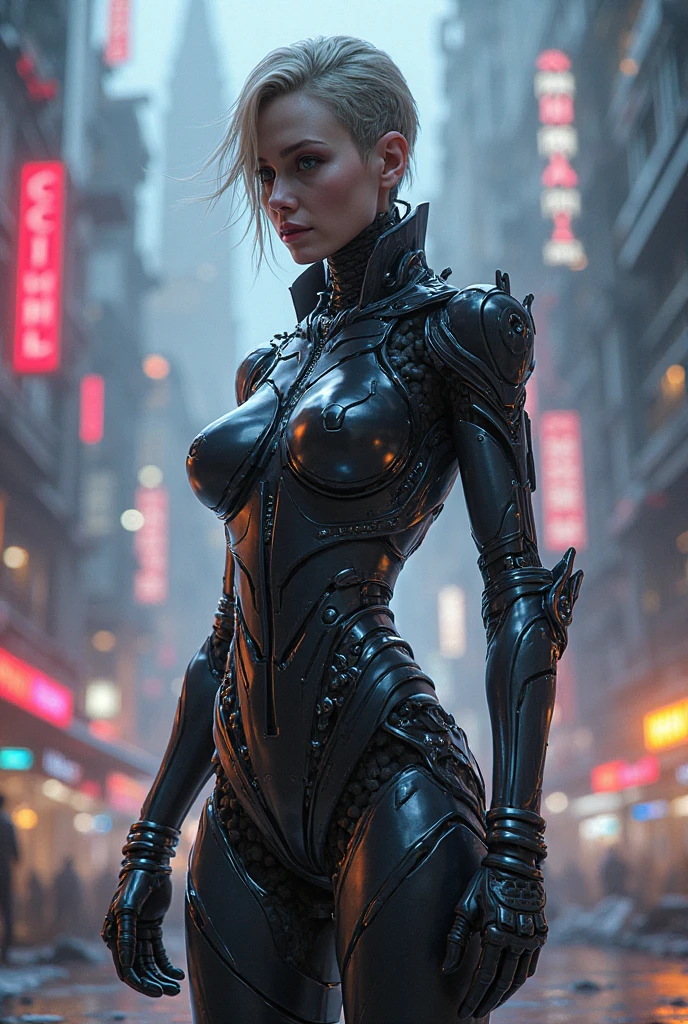 ((Film Grain, Bokeh, Particles of light ,Dust particles, Extreme camera angles.)), Dynamic pose, Full body photo of a young and attractive broken cyborg woman, Raise your eyebrows, night, Street lamp, Grey Hair