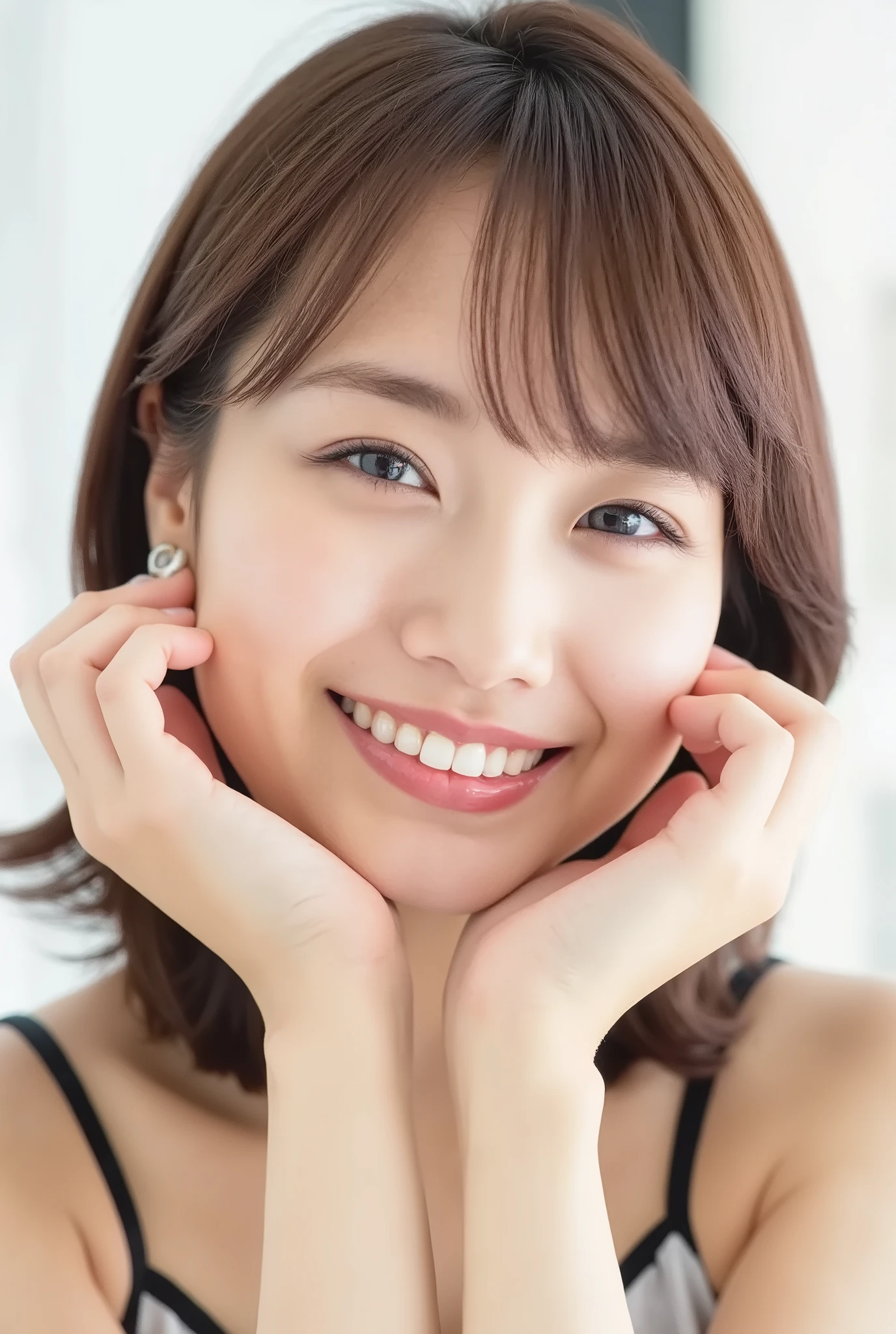 extreme close-up portrait, beautiful girl with her love-struck, radiant face filling the entire frame (95% face ratio), gently placing both open hands on her flushed cheeks with soft fingers, soft black camisole, white blurred background, eyes dreamy and half-lidded, deeply adoring gaze fixed straight at the viewer, irises ultra-detailed with intricate rainbow reflections and glowing catchlights, moist and sparkling eyes as if about to tear up from overwhelming joy, soft melting smile revealing slightly parted lips and upper teeth, skin with visible soft pores, realistic skin texture with warm lighting and subtle shadows, delicate eyelashes, glossy lips with natural highlights, cheeks glowing with deep blush, cinematic soft lighting, lifelike expression full of romantic euphoria, overflowing with happiness, warmth, and pure affection, subtly tilting her head as if whispering a name in total bliss, ultra photorealistic, masterpiece, 8K, hyperreal detail, skin pores, detailed iris texture, cinematic mood
