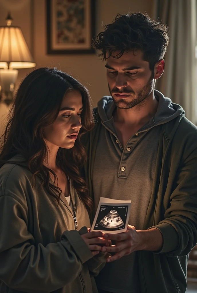 Make a picture of Henry Cavill and Negin Mirsalehi, looking at a photo of twelve week old twins (ultrasound