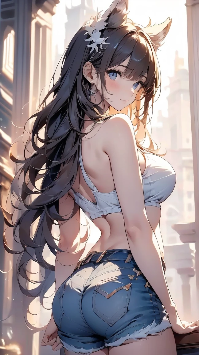 (masterpiece, highest quality:1.2), 1 girl, alone,Are standing_Split,
long hair, white sleeveless tank top,Blue Denim Shorts、camel toe、huge tit、nipple puff、cleavage、raise one leg