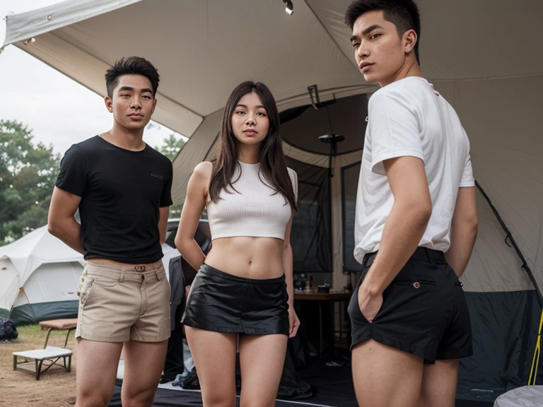 two boys, embrace, Photorealsitic, 8K full body portrait, a handsome, 18-year-old man, A charming expression, detailed face details, topless, sexy, Brief underwear, TOKYOcty, Winters, night, neon lights, in pub