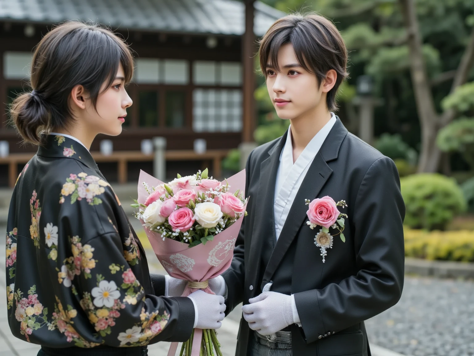 New orchid kisses under the cherry blossom tree，The upper part of the body，Emperor Dan uniform