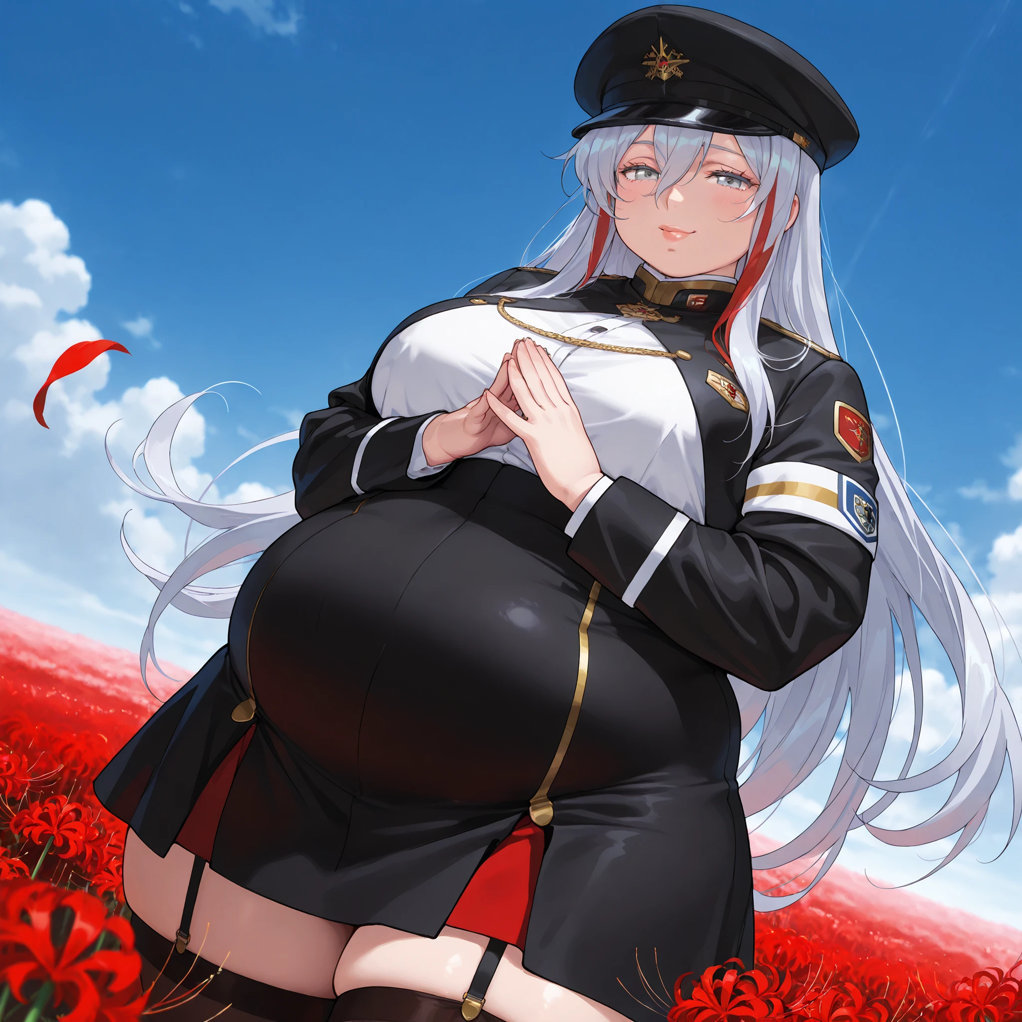 1 woman, beautiful mature woman, attractive detailed face, delicate facial features, detailed skin, huge breasts, looking seductive, ultra-detailed, (best quality,4k,8k,highres,masterpiece:1.2), cinematic lighting, octane render, 8k uhd, extremely detailed, intricate details, hyper realistic, high definition, sharp focus, ,compositionmuted colors, skin pores, score_9, score_8_up, score_7_up, (cowboy shot, dutch angle:1.2), score_9, score_8_up, score_7_up, score_6_up, source_anime,vladilenamilize, 1girl, solo, black military uniform, very long hair, thighhighs,, smile, , garter straps, high-waist skirt, looking at viewer, shirt, streaked hair, hair between eyes, cropped jacket, grey hair, multicolored hair, , long sleeves, bangs, red hair, grey eyes, , medium breasts, zettai ryouiki flower field, , cloudy sky, , petals, spider lily,, blue sky, blurry, open mouth, peaked cap, , 86bg, white eyelashes, (own hands together:0.9), (negative_v2 Color_Balance_Calibration:0.8), negativeXL_D, aidxlv05_neg, Stable_Yogis_Animetoon_Negatives, chubby, chubby girl, curvy, large breasts, lips, plump, thick thighs, thighs, (((oversized gigantic stomach)), curvy, large breasts, lips, plump, thick thighs, thigh, immobile
