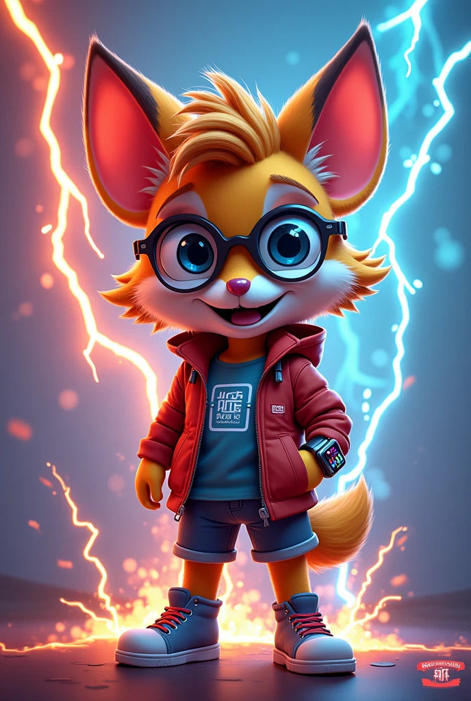 Young fox furry girl with short red hair, beautiful red eyes, wearing glasses, wearing overalls and a top, standing on a draw bridge, hands hips, bending sightly over, smiling with teeth looking up at the castle, with haunted castle in the background, while a thunderstorm rages, wet clothes and wet hair, seen from above