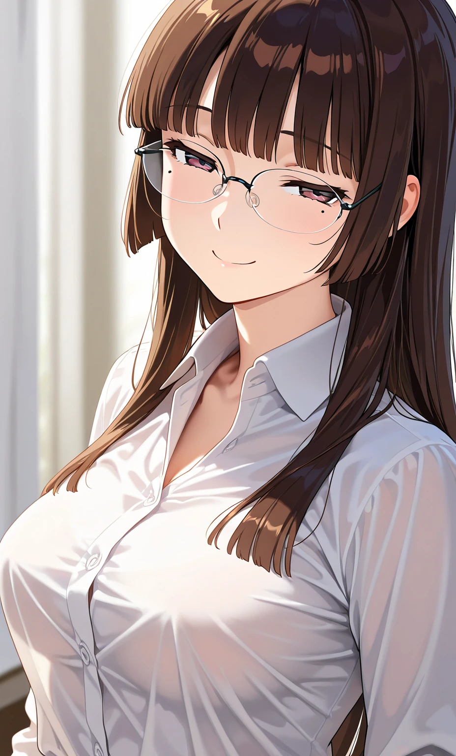 (High quality, High resolution, Fine details, Realistic), Round frame glasses, Cute clothes, solo, Adult Woman, Light brown hair, sparkling eyes, smile, blush, Large breasts, Sweat, Oily skin, Shallow depth of field