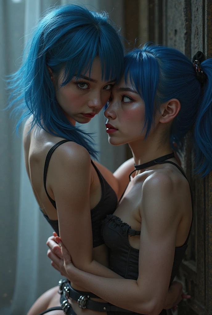 1girl, Rei Ayanami, Neon genesis evangelion, NSFW, not, short faded blue hair, nipples, depressed, sat, hugging his own legs, leaning against the wall, dark room, wet floor, reflective water, ray tracing