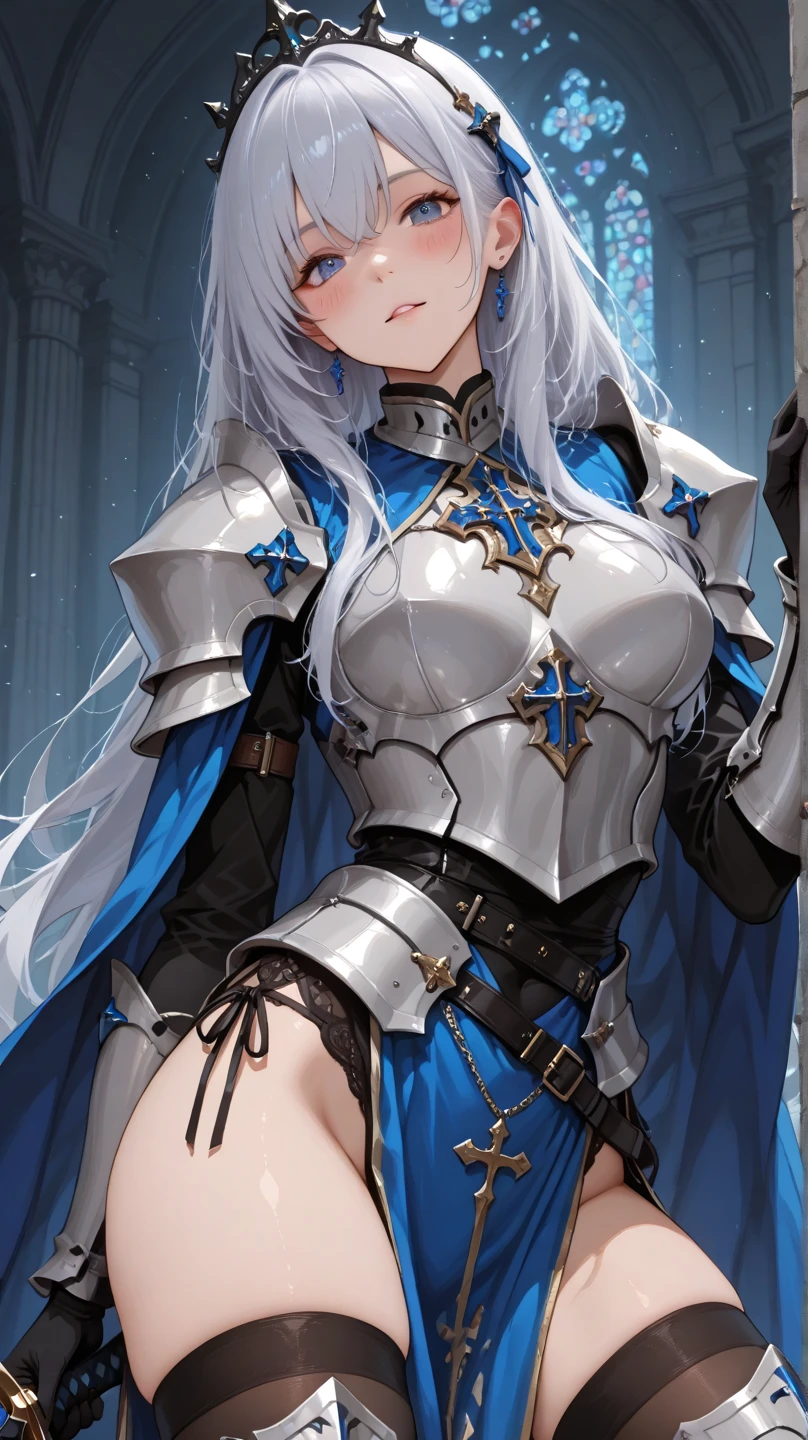 ((highest quality)),(ultra high resolution),(Super detailed),(detailed description),((best CG)),(best work of art),super precision art,amazing drawing art,(Art with precise details:1.5), (one female knight:1.8),(Finest ceremonial armor with intricate details:1.5,Sapphire Blue:1.3),(Ceremonial weapons manufactured using the highest quality technology:1.8)