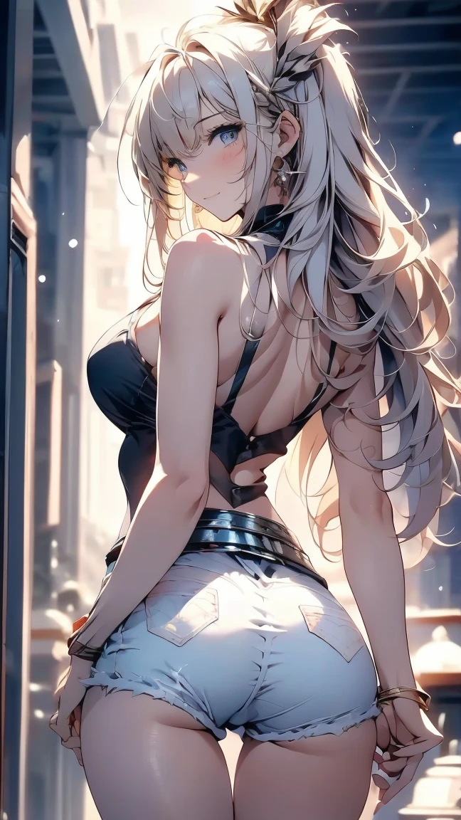 (((Alexia Midgar))), silver hair, red eyes, sly look, smiling, 4k resolution, masterpiece, cinematic, sharp focus, ray tracing, intricate details, perfect anatomy, (((Average breasts))) (((huge ass))) beautiful and cute lady, wearing only mini bra and mini panties, on the street, (slim), (thin thick), (small waist), (bare butt), 8k