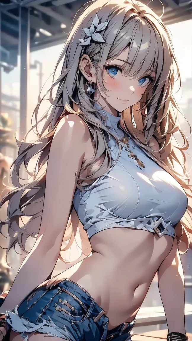 (surreal), (illustrated), (high resolution), (8K), (extremely detailed), (best in illustration), (beautifully detailed eyes), (best quality), (super detailed), (masterpiece), (background), (detailed face), solitary, (dynamic posture), Shiny skin, beautiful delicate face, delicate beautiful eyes, bronze hair, long hair, navel, nose, smirk, big breasts, navel piercing, tank top, unbuttoned hood, long legs, high heels, tall stature, small mole under the eyes, panties, blue jeans, (camel toe),(big tits), (black socks), (no panties), (no bra)surreal,Realistic image:1, Make eye contact with the camera.