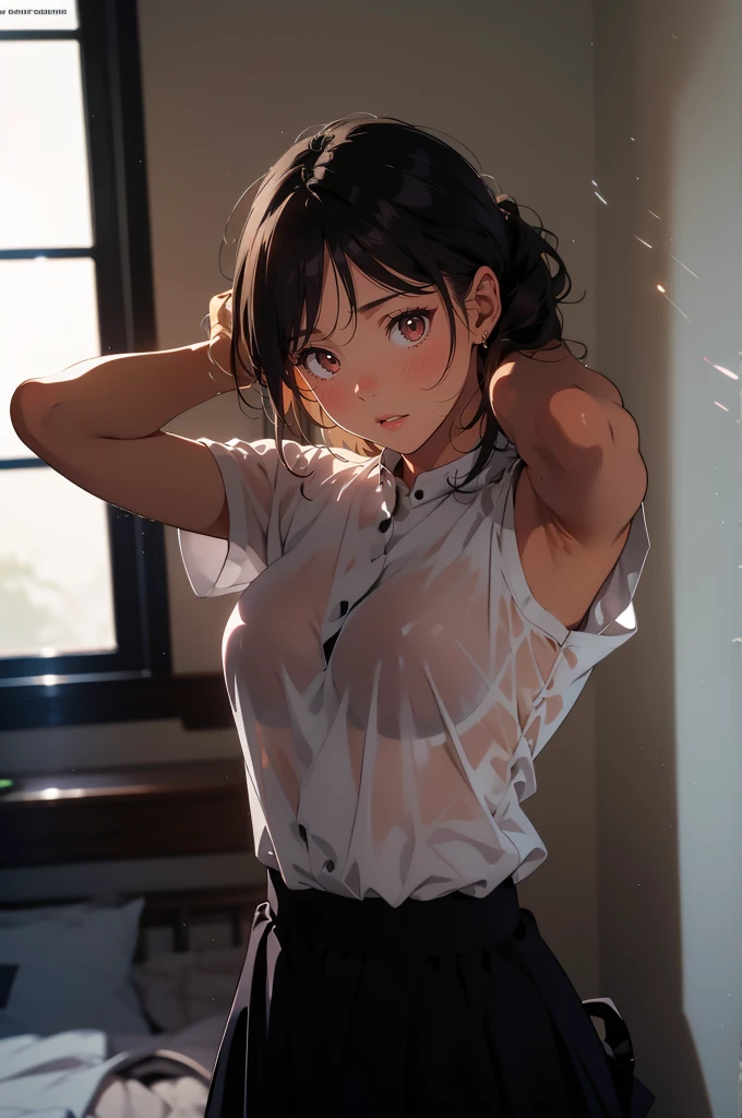 (masterpiece), (best quality), (ultra-detailed), (best illustration), (best shadow), (absurdres), Female, 25 years old, looking at viewer, steam, shy, nose blush, nsfw, medium breasts, nude, o-face, climax, light smile,