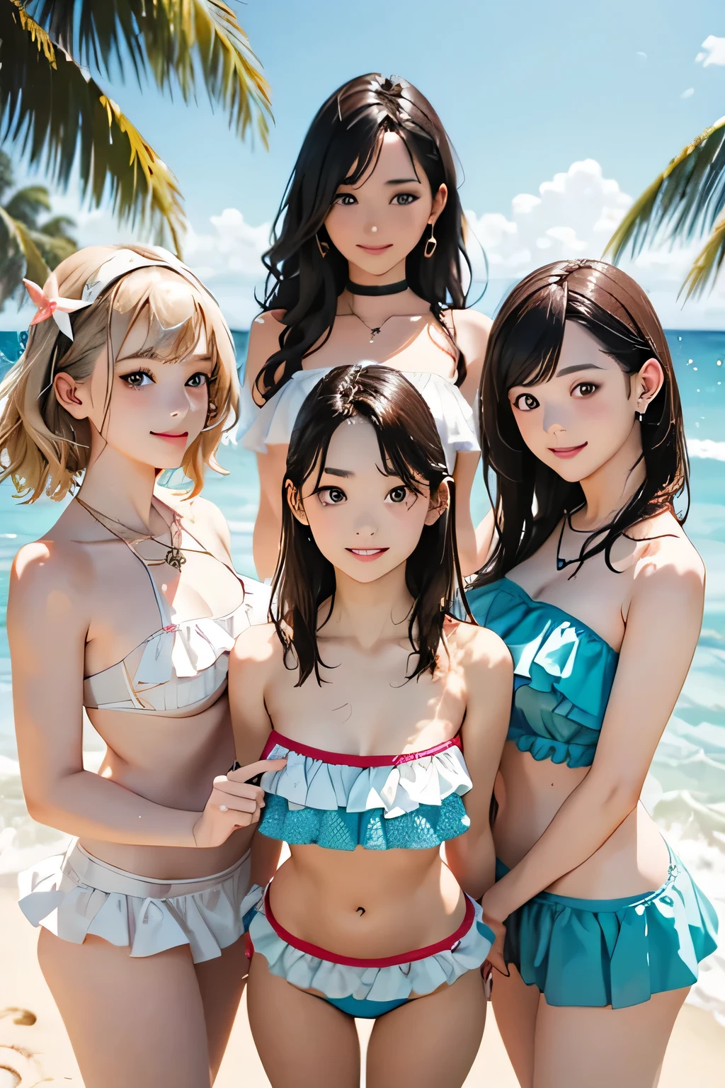 high resolution。High resolution、Low - Angle、masterpiece、Beautiful black-haired girls、cute、white micro bikinis、Girls huddling together、A girl with long hair and a girl with short hair、Dark Eyes、Bright smile、White teeth、Black shiny hair、color々Pause、Wet black hair、Your body is wet、Seaside。sweating、high resolution 8K