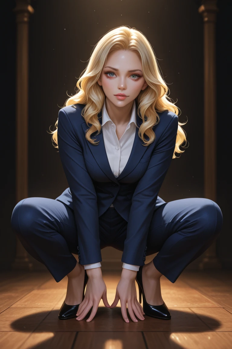 Ultra realistic image of a beautiful blonde woman, light eyes, dressed in a formal ensemble with a white blazer with black details, sitting in a private bathroom, perfect hands, looking scared to the side