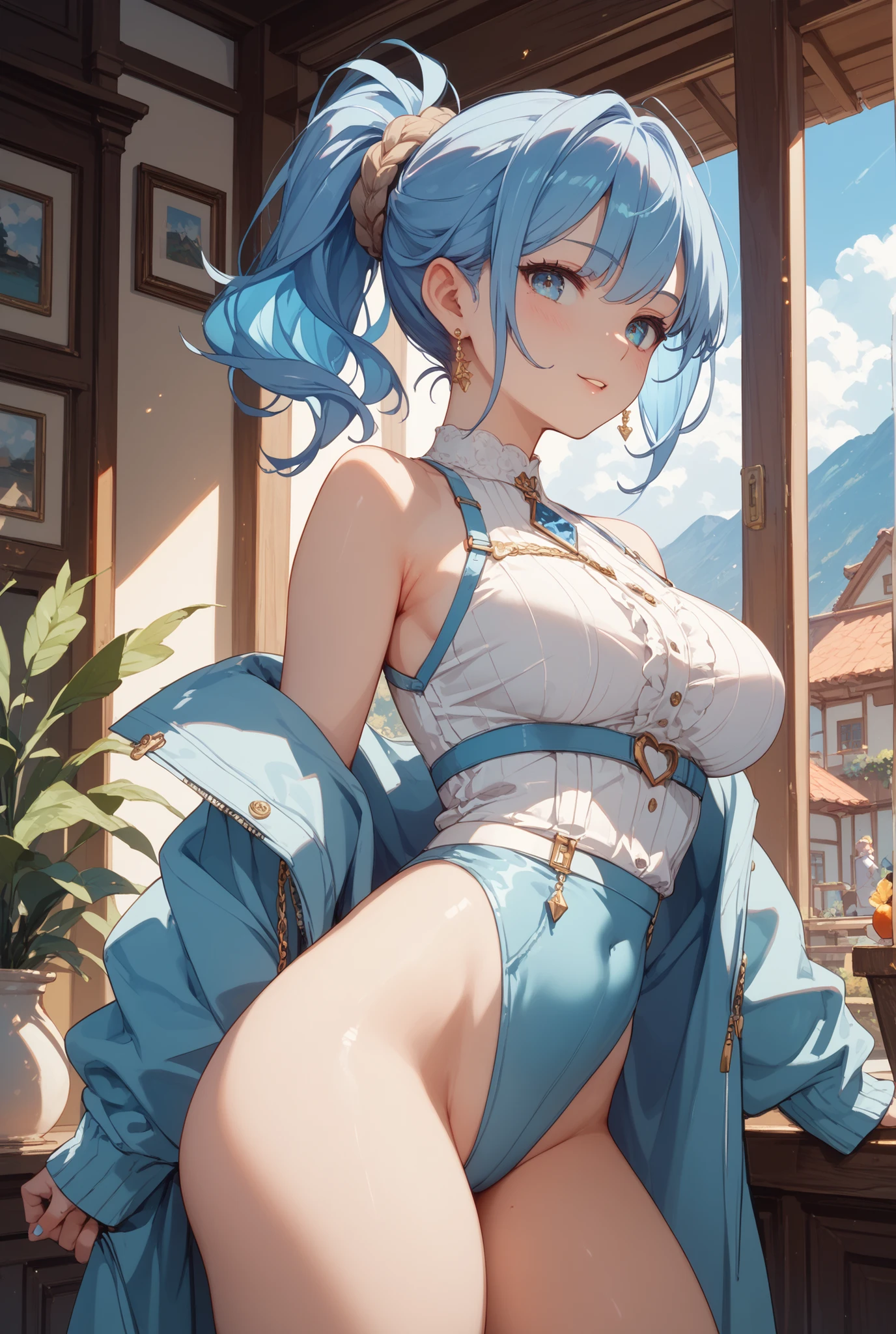 (masterpiece, best quality:1.5), (ultra detailed, high resolution, 8k, beautiful detailed, UHD, best anatomy), 1 cute girl, pale blue hair, medium breasts, china dress