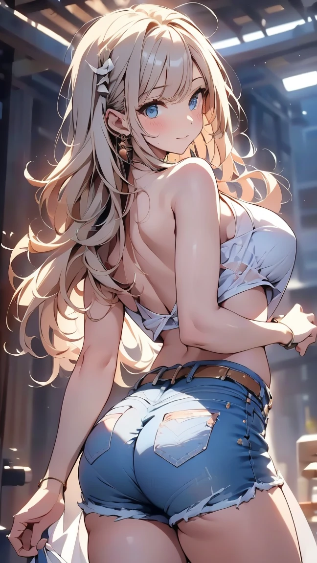 (tampo da mesa, Mais alta qualidade, high resolution, , Pixel Perfeito, 4K,), 1 garota, Solteiro, sozinho, linda mulher、Eu pude ver todo o corpo、 ((cabelo meio ondulado, franja, Cabelo castanho)), ((olhos castanhos, beautiful eyelashes, realista eyes)), ((rosto detalhado, corar:1.2)), ((textura lisa:0.75, realista texture:0.65, realista:1.1, Estilo CG de anime)), medium breasts, dynamic angle, corpo perfeito, ((, Beige sleeveless sweater with turtleneck、Saia jeans justa、meias pretas、lindo colar、brincos、Abra bem as duas pernas、ajoelhe-se)), olhar para cima、shy smile、sit on the stairs of the university campus、Angle from below、enfatizar o peito、、pink lace panties are visible、
