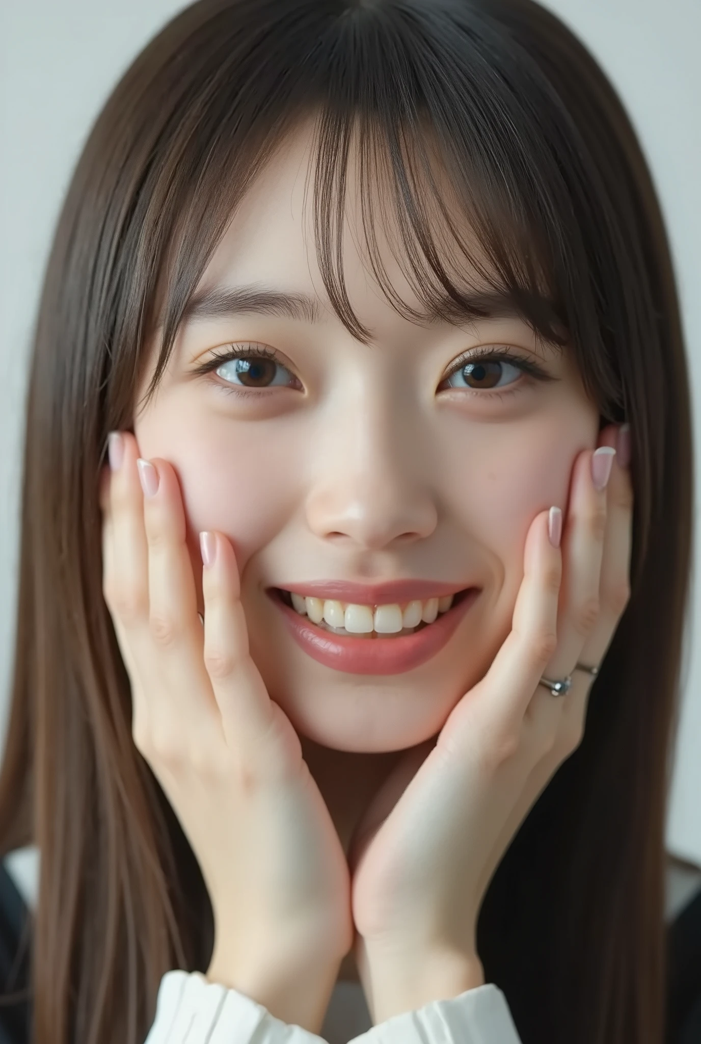 extreme close-up portrait, beautiful girl with her love-struck, radiant face filling the entire frame (95% face ratio), gently placing both open hands on her flushed cheeks with soft fingers, soft black camisole, white blurred background, eyes dreamy and half-lidded, deeply adoring gaze fixed straight at the viewer, irises ultra-detailed with intricate rainbow reflections and glowing catchlights, moist and sparkling eyes as if about to tear up from overwhelming joy, soft melting smile revealing slightly parted lips and upper teeth, skin with visible soft pores, realistic skin texture with warm lighting and subtle shadows, delicate eyelashes, glossy lips with natural highlights, cheeks glowing with deep blush, cinematic soft lighting, lifelike expression full of romantic euphoria, overflowing with happiness, warmth, and pure affection, subtly tilting her head as if whispering a name in total bliss, ultra photorealistic, masterpiece, 8K, hyperreal detail, skin pores, detailed iris texture, cinematic mood