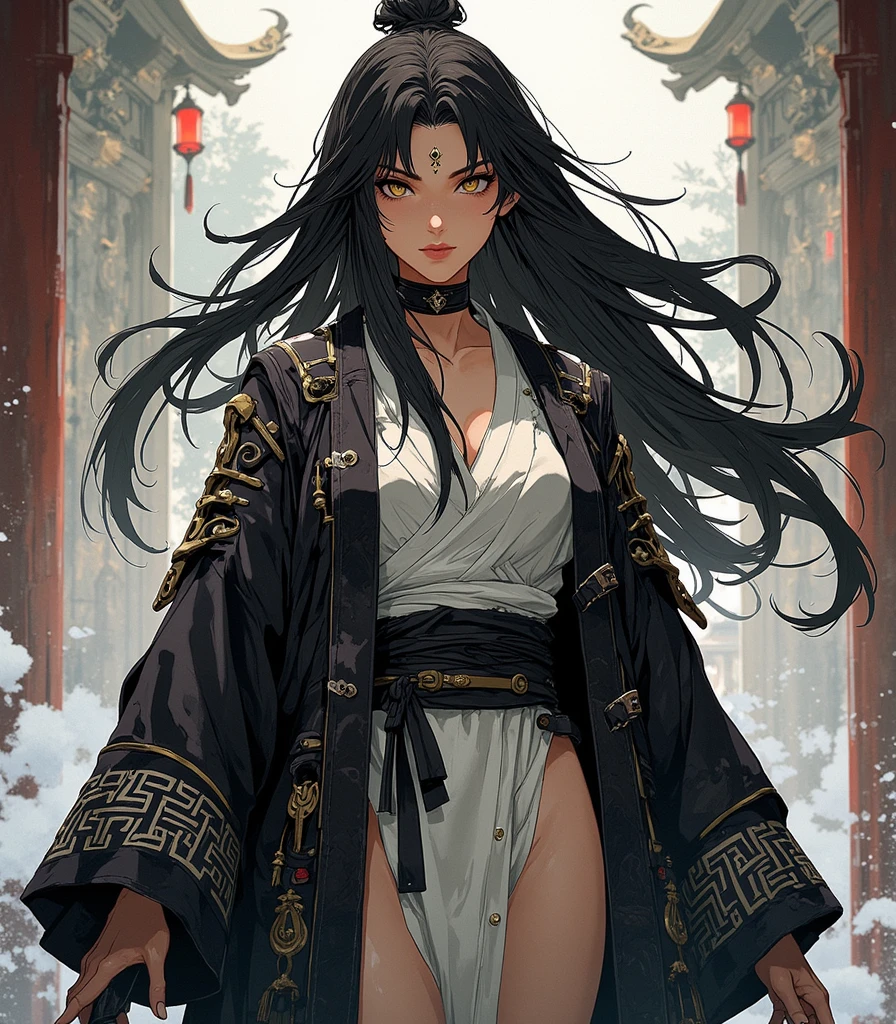 (Best quality, high resolution, 8K, mysterious, masterpiece: 1.2). Yoshitaka Amano style depiction. The cruel and cruel Yamada Asaemon. Edo period. She is a beheader, hitokiri, and executioner from the Edo period. A long Japanese sword on the waist. A gi with a black belt all over the body. The eyes have lost their luster and are dull. Dark circles under the eyes. Eyepatch. However, anyone who sees her feels that she is a master swordsman, and she has an unmistakable spirit. He has white, unkempt hair. Of course, she is attractive as a woman. Overwhelmingly strong and attractive. Blood-stained bandages were wrapped around his wrists and ankles, and he was dressed as a samurai. Samurai. With a cold-blooded expression that looks down on people, he confidently walks past the crowd of servants. People kneeling on the ground. Landscape of the Edo period. Bold pose, looks like he has a bad personality.