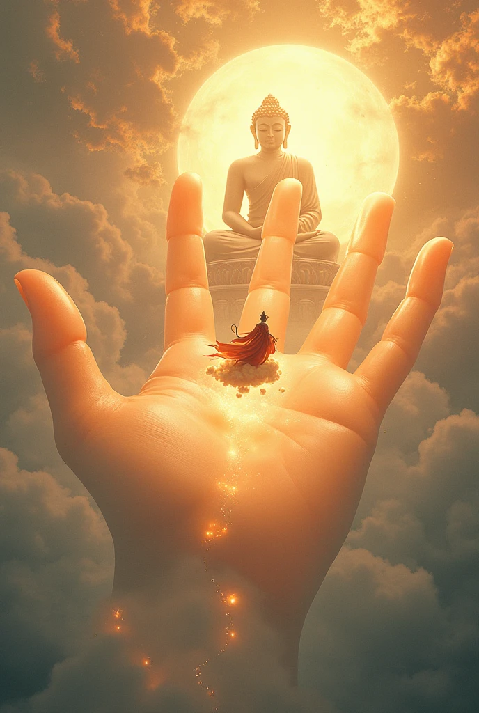 The palm of Buddha's hand holds Sun Wukong.,journey to the west,Highest quality,masterpiece,detailed,