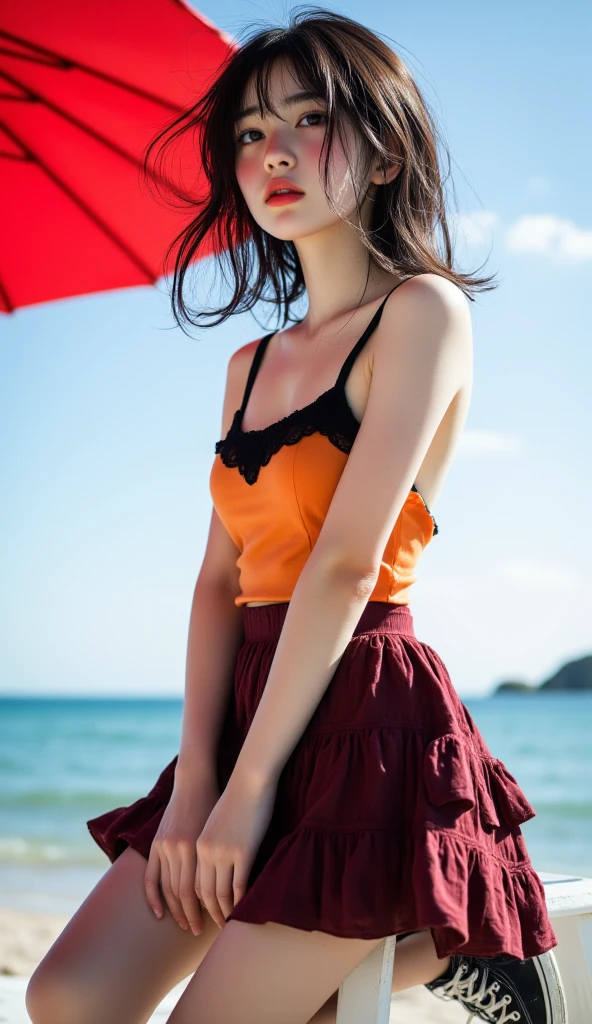 (top-quality、masterpiece:1.2)、femele、portlate、natta,a bright smile, Detailed sky、audrey hepburn, I'm wearing a (casual dress:1.4) in the 1950s, middle breasts, big butt, thick thighs, along the beach,Waikiki's Beautiful Beach, Pleasantly High, Fierce Dance,1girl,Your skirt is blowing in the wind and you can see your red panties.