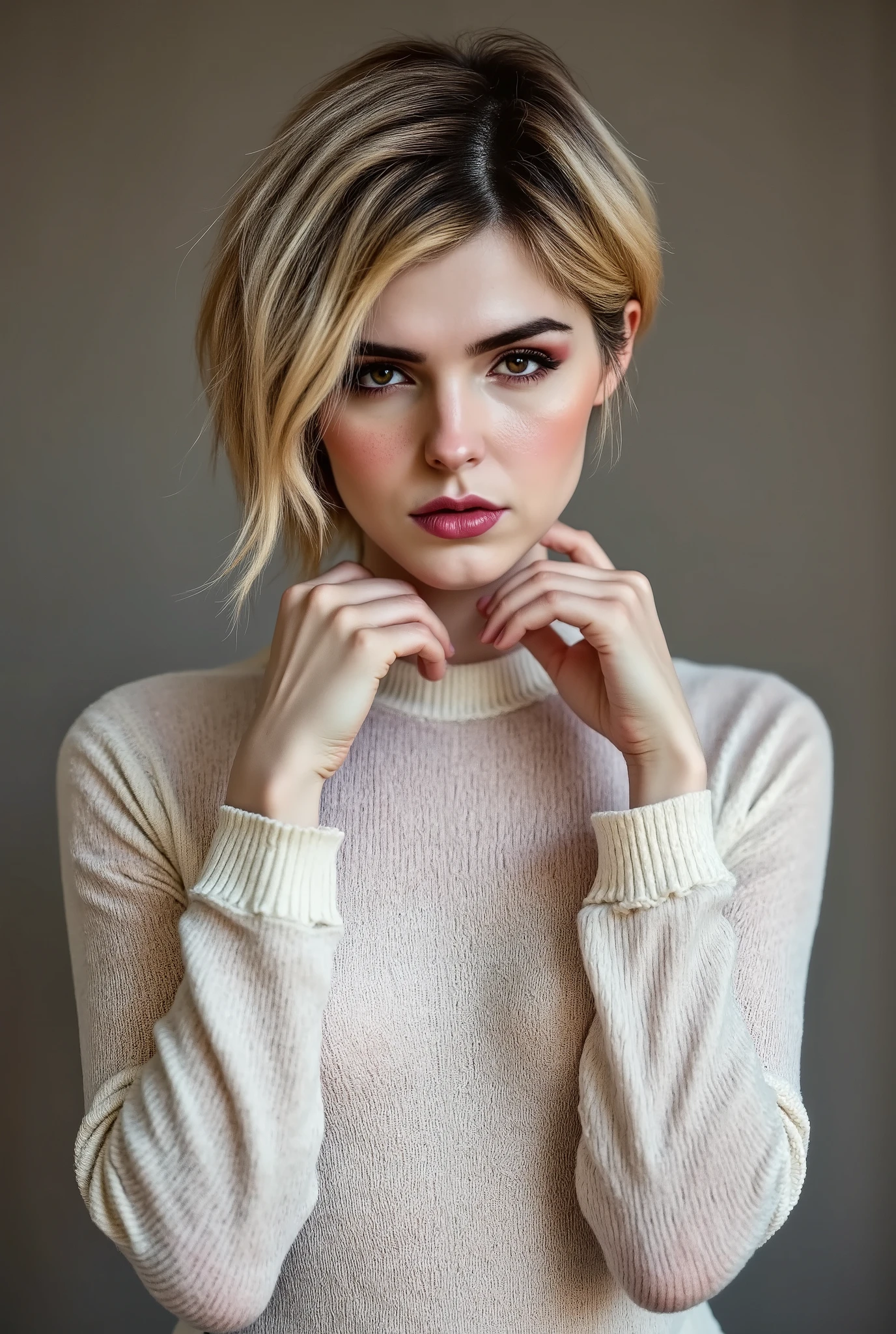 portrait of woman, aran sweater, side shaved hair, detailed hands