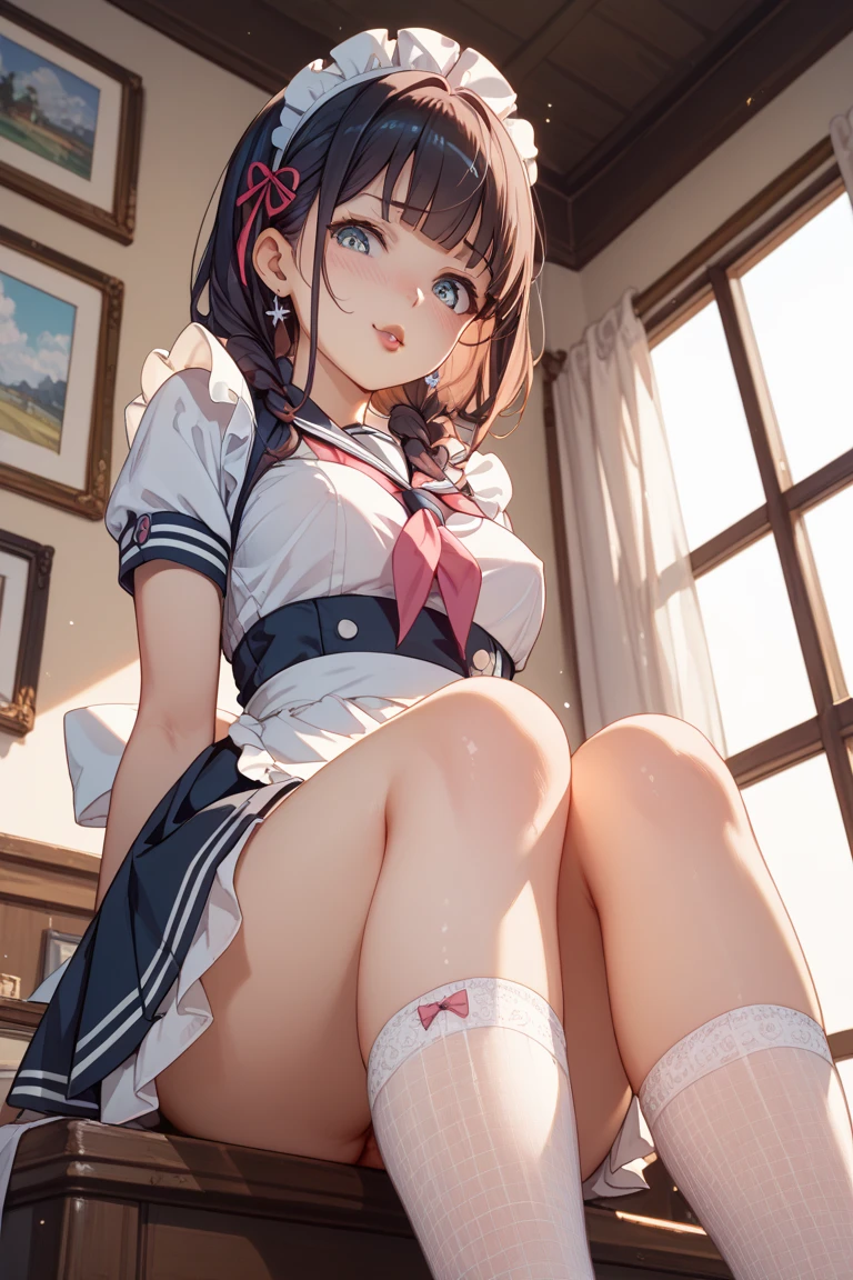 (masterpiece、top-quality、hight resolution、photos realistic、real looking skin:1.1)、Japan girls at 、full bodyesbian、Beautiful eyes、Shining eyes、embarrassed from、short twintails、(Collared shirt with short sleeves、pleatedskirt、bow ribbon:1.1)、(Fully exposed panties:1.5)、(Dark blue high socks:1.5)、(M-shaped legs:1.5)、(arms behind back:1.5)、On the bed in the bedroom、(linen child panties:1.5)、nsfw
