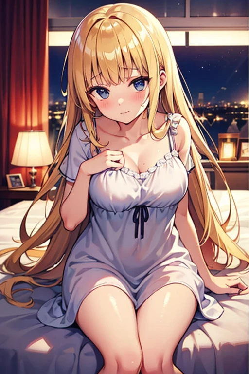 solo girl, (young female body:1.4), ( medium small breasts), knee length hair, yellow long hair, voluminous wavy very long yellow hair, extra long disheveled yellow hair, hime cut, light blue eyes, cowboy shot, dynamic posing, bedroom, lying on bed, white socks, white blouse, unbuttoned shirt, cleavage, oversized white shirt, spreading legs