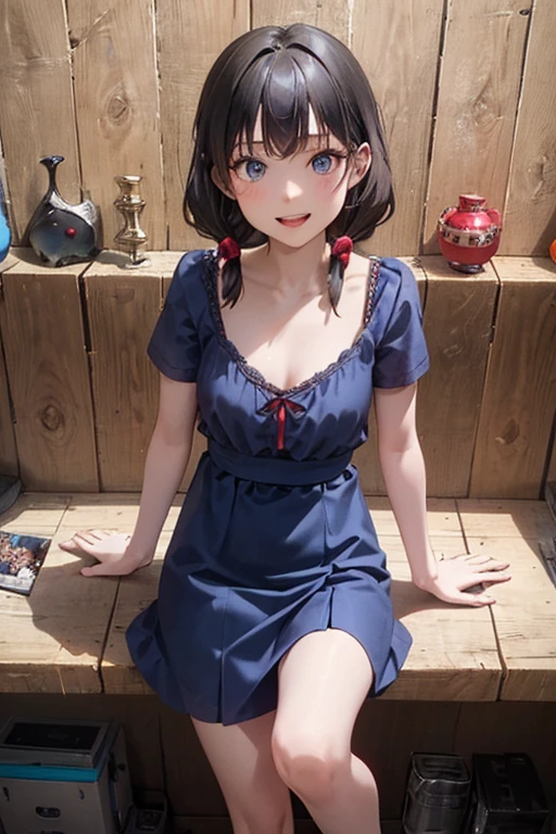 1 girl, blush, cosmetics, Yellow school uniform, whole body, wide angle, from above, garden,light, glow, thigh , clavicle, Willow Yao, (on the table), wallpaper,wet、Micro underwear that can be seen through clothes、short black hair,Smile,greet,Waving,hairpin,low collar,ditch,(((Waving,pray))),Under the cherry blossom tree,Heart-shaped neckline,Chest dew,bare legs,low collar口