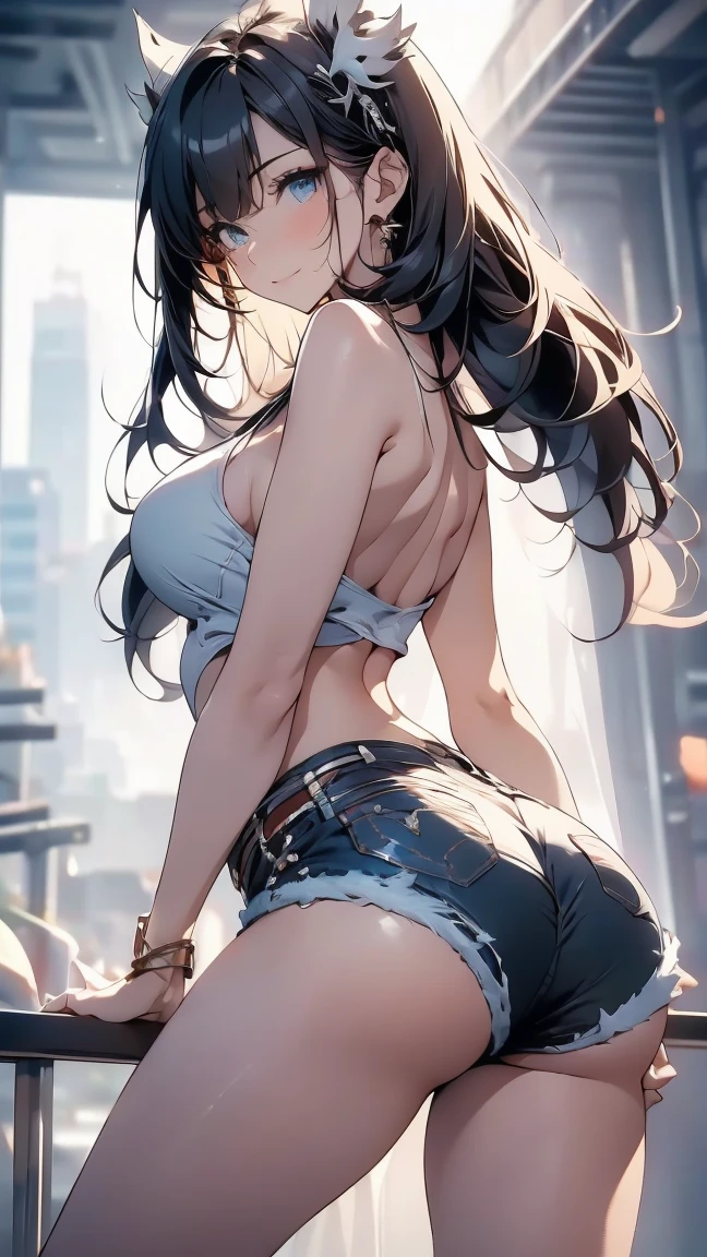 (Masterpiece:1.2, best quality:1.2, ultra-detailed, illustration), Albedo (overlord), (sparkling yellow eyes), ((symmetrical eyes)), (detailed eyes), (long eyelashes), thick long eyebrows, ((blushing)), (embarrassed face), (detailed face), (glossy red lips), horns, (white slit dress), (tight clothing), (beautiful round breasts:1.4), exposed cleavage, (slim waist), curvy body, (wooden bridge), (beautiful sunset scenery), ((rear view from below)), ((leaning against railing)), (looking down), front view, (sunset sky, clouds), cinematic view, vivid colors, (digital illustration) ,(fantasy) (highres:1.5), (blurry background), highly focused, award-winning, intrinsic details, asethetic portrait, (add_detail:1), ((detailed face)), (detail3d eyes), (symmetrical eyes)