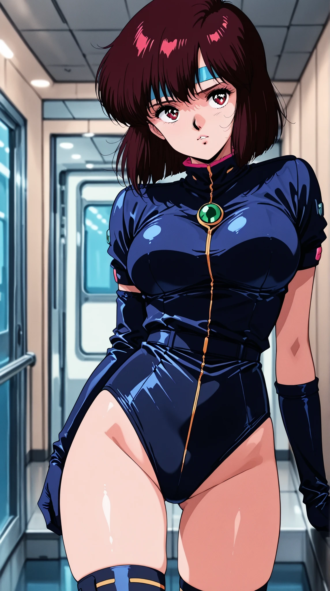 nsfw、Mature Woman、lipstick、Big Breasts、Earrings、Dark green hair、White high leg leotard、front、open legs、Crouching、Inside the cockpit、Pilot、Desperate Face、Bow-legged、Sitting in a chair、Side view、Focus on the groin、open legs、Feet Apart、Move your knees apart、Stick out your crotch、Push out your hips