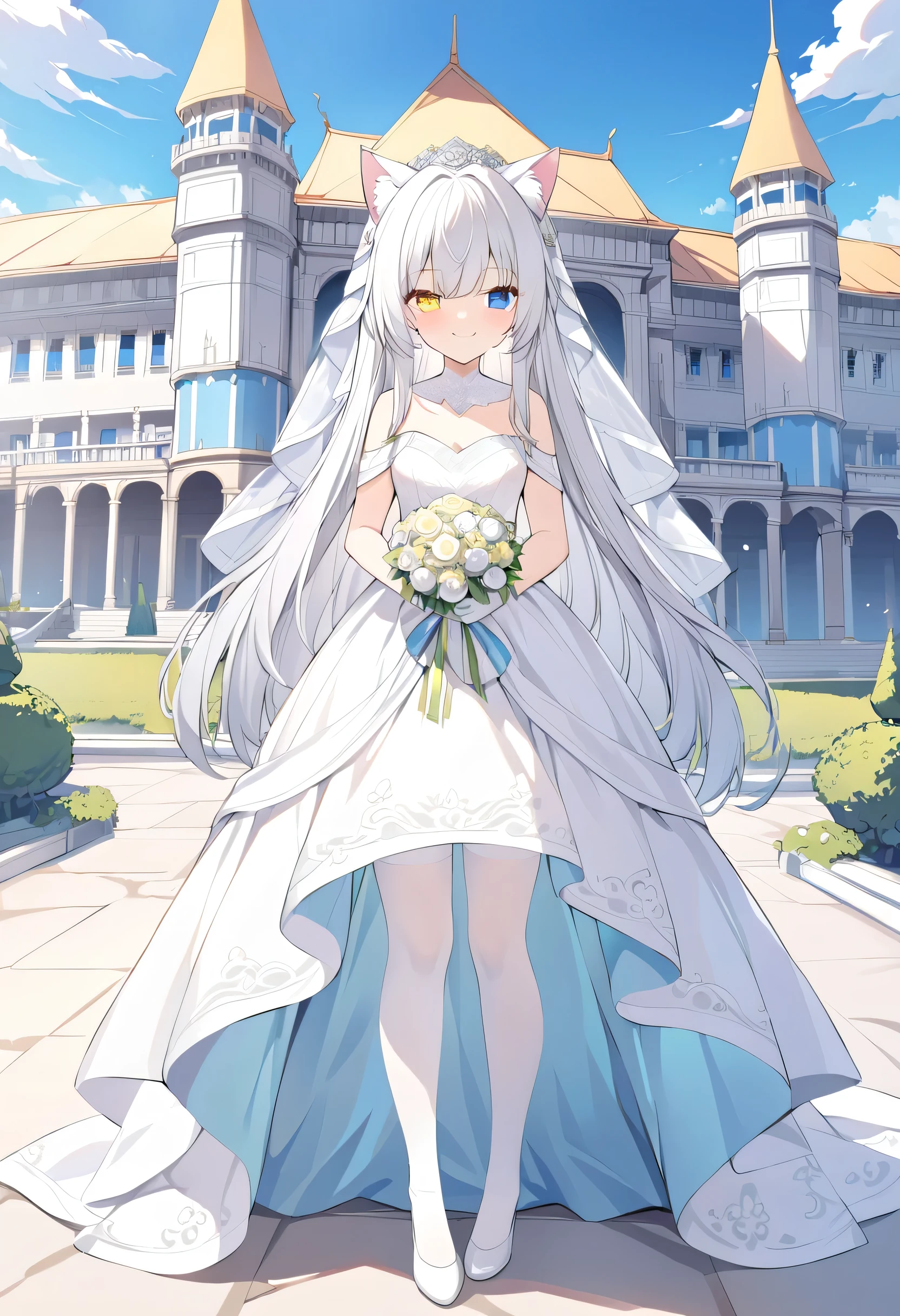 long hair,Silver Hair, girl,Cat ears,alone,Heterochromia(Left blue right yellow),white wedding dress,white stockings,Western European style,white gloves,Hand-held bouquet,standing,Chang Liu,Blue sky,Smile,palace,Veil