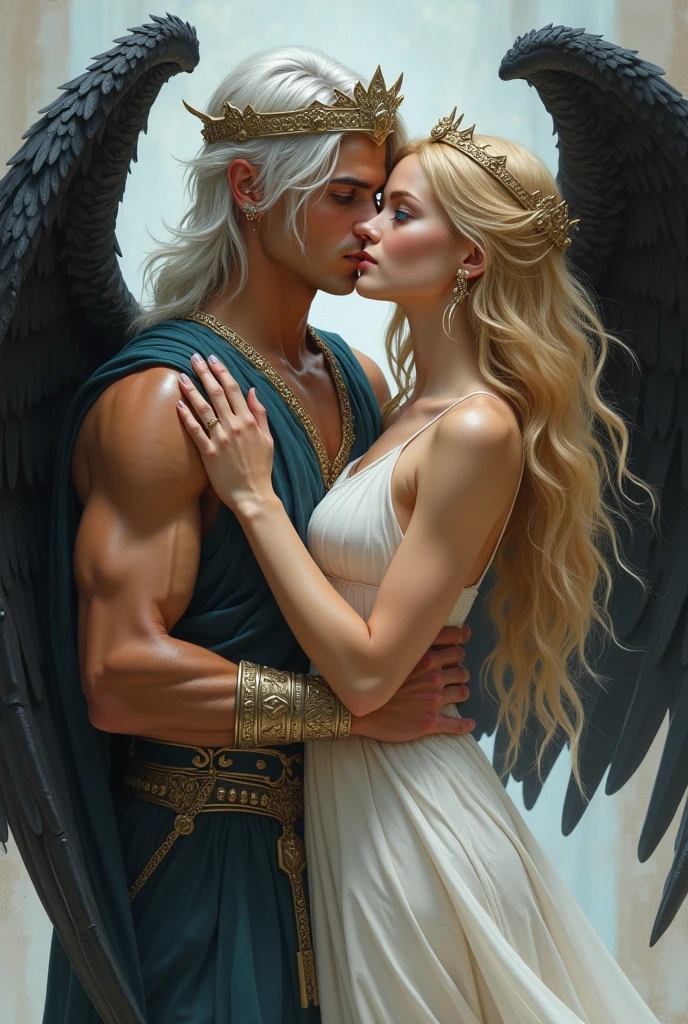female angel with large wings holding a downed male warrior in her arms