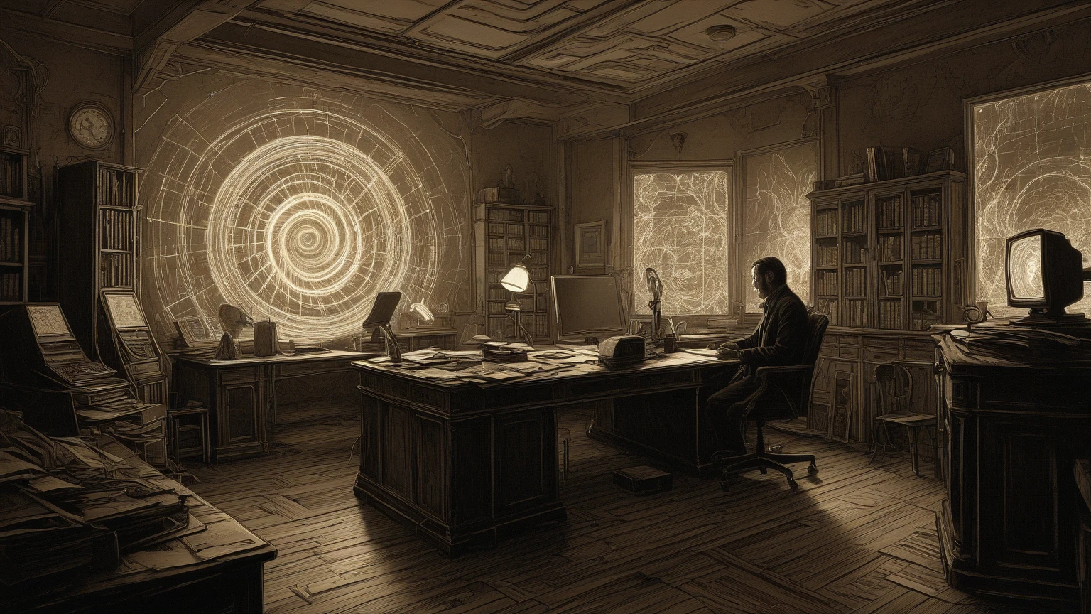 deeply meaningful and thought-provoking masterpiece (artist Alejandro Burdisio:1.2),(artist Kim Jung Gi:1.3) that weaves together a rich tapestry of symbolism and emotion that portrays a seemingly endless office Corridor filled with lifeless Humans sitting in absolute unity in front of their computers. Enslaved by an allknowing goddess that depicts Artificial Intelligence. Cables connecting the computers to the head of the goddess, dynamic design, dark fantasy, poster, photo, typography, conceptual art