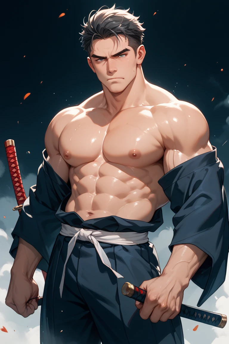 Mighty fighter, chest exposed, lower body unclothed from thighs to feet, flowing long curls, detailed muscular physique, photorealistic depiction, 4K resolution. Background: Martial arts dojo,32k uhd, best quality, masterpiece, super detail, high details