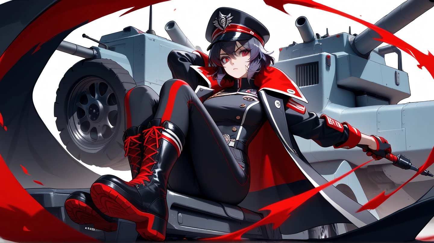 masterpiece, 1boy, wolf ears, wolf tail, dark red eyes, black hair, short messy hair, mountains, HD, vibrant, serious face, dark sky, combat boots, long black gloves, peaked general cap++