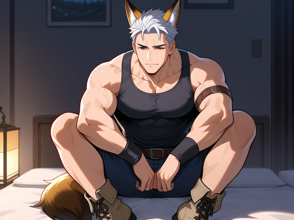 male with short beard, has long flowing white hair, has wolf ears, has wolf tail, shirtless, wearing plaid blue pajama pants only, solo, alone