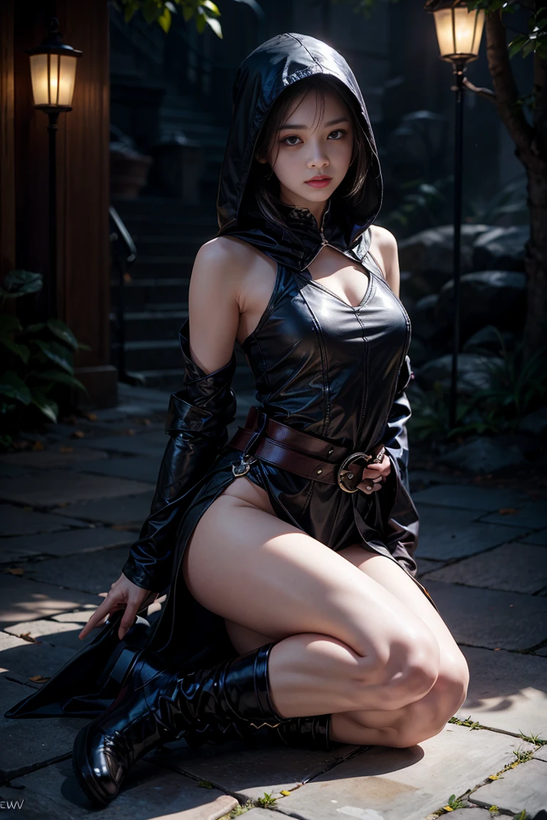 8k RAW photo, high resolution, one Japanese girl, plump cleavage, night view, ready to conquer the country, ninja, kunoichi, dressed in black and red costume with sword Woman, medium bob hair, ponytail