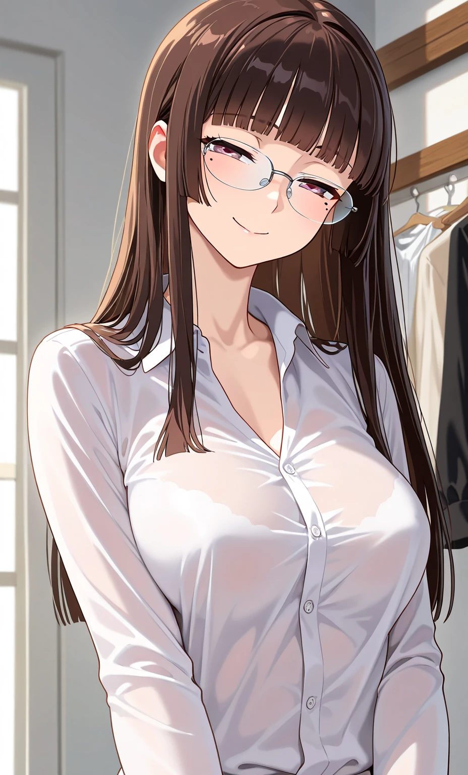 A beautiful girl in a white oversized shirt posing for the photo in the kitchen, anime girl, well-furnished kitchen, morning light, anime CG, big rounds breasts, open shirt, pink lace panties, dark brown hair, long bangs, long hair, messy hair, wavy hair, expressive hair, shiny hair, eyewear on head, hairband, embarrassed, shy, blush, glossy lips, nervous, facing another, facing another, confused, high detail, anime, anime style, depth of field, perfect pixel, good lighting, cinematic lighting, dithering, image fill, first-person view, wide shot, perspective, panorama, Wide-Angle, f/1.8, 85mm, Nikon, 8k, super detail, UHD, retina, masterpiece, accurate, anatomically correct, textured skin, high details, best quality, highres, 16k