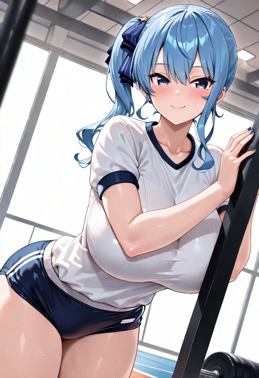 NSFW,masterpiece,Highest quality,High resolution,Super detailed,Star Town Suisei\(Hololive\),Blue Hair,One Side Ponytail,Blue Eyes,Small breasts,Track and field club,Descente Bra Top,Descente One Point Shorts,Streaks,School,locker room,bench,Embarrassed,blush,(In heat),Expecting face,(Masturbation),(Squirting)