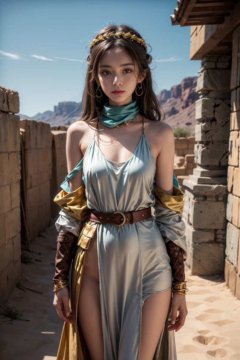 (highres, best quality), Rei Ayanami, Beautiful Mixed Pretty Japanese Babe Face. Beautiful Face, Detailed Beautiful bright red eyes, beautiful slim body, Super Blue Short Hair, combine realism and anime influences, sorrow beautiful face, Intense Beautiful gaze, long desert dress, full desert dress,