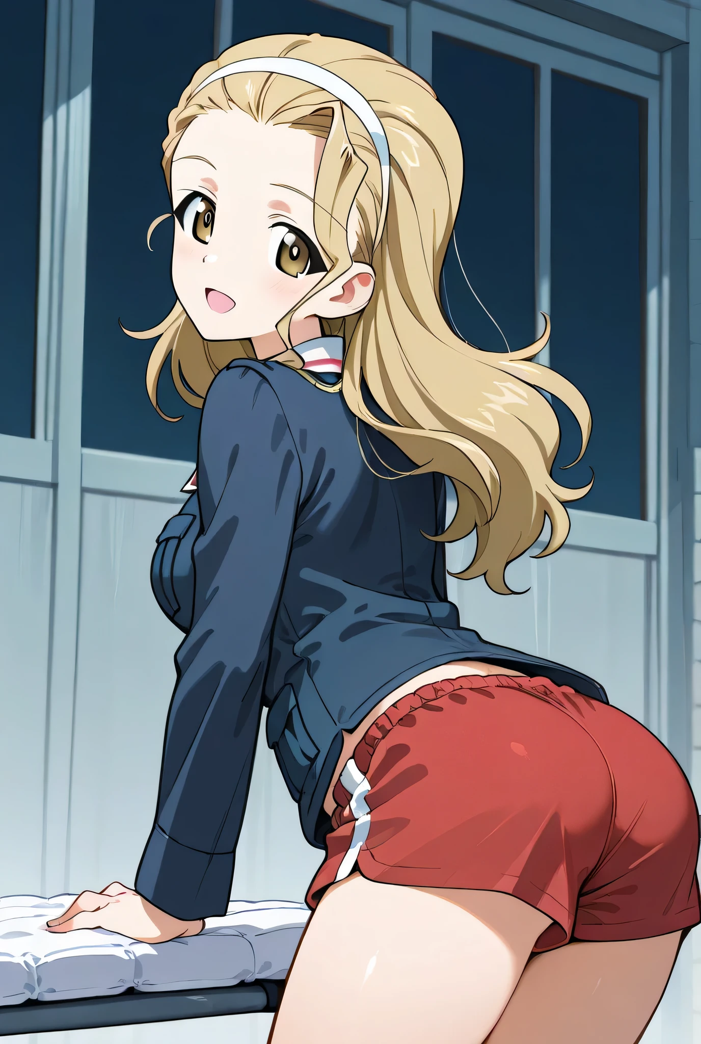 sasaki akebi \(girls und panzer\),ooarai military uniform,no skirt,gym shorts,red shorts,cowboy shot,