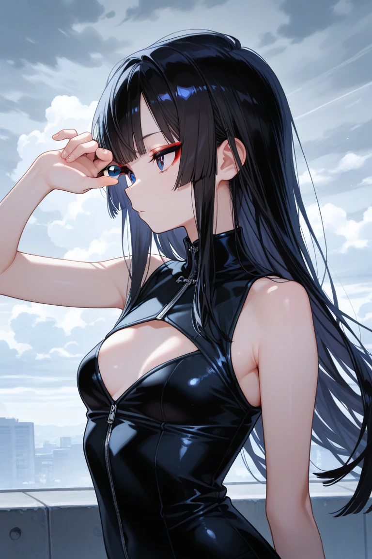 Science fiction, masmorra mais escura, voluptuous woman with curvaceous body wearing big black dress with serious look, sem orelhas de animal, olhos azuis, Black braid, pelos pubianos, altamente detalhado, 4k, obra de arte, cinematic lighting, de cima, sem orelhas de animal