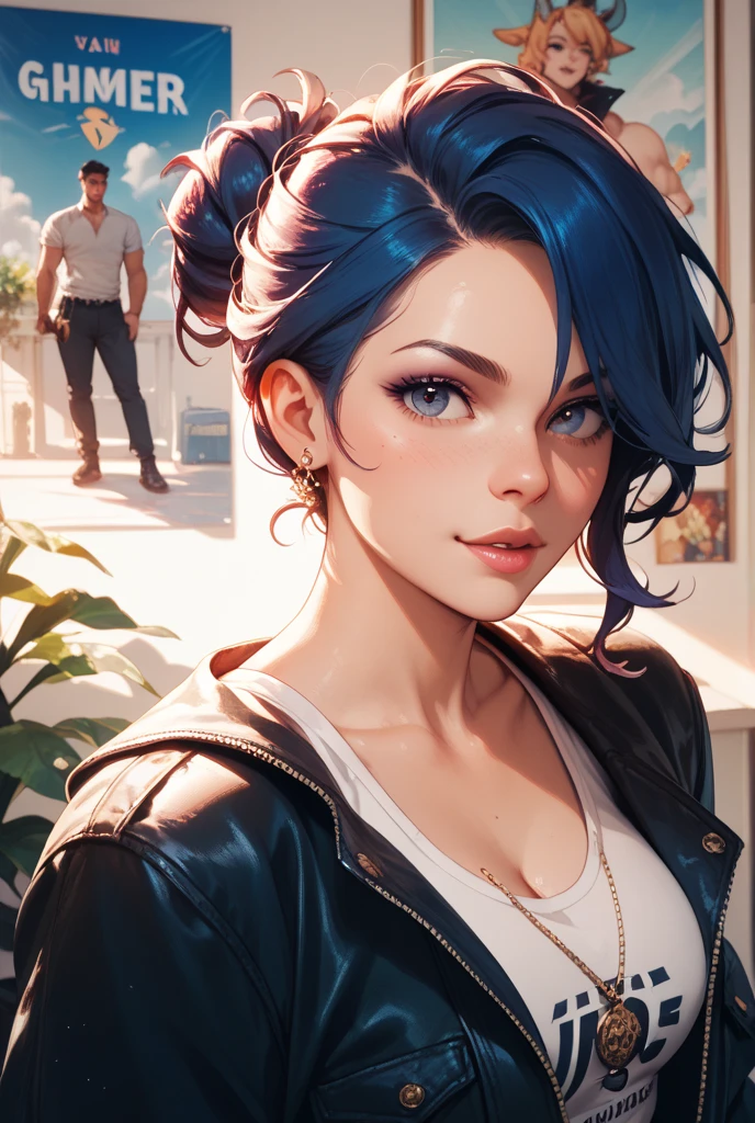 (masterpiece, best quality, hires, high resolution:1.2), (extremely detailed, intricate details, highres), 1girl, Leaning forward, Boyfriend jeans, a tucked-in tee, and loafers, Twisted updo haircut, Peacock blue haircolor, from above, close up on face, ight beams streaming through haze, soft focus, detailed skin, skin blemish, sharp focus, (shot on GoPro Hero:1.2)