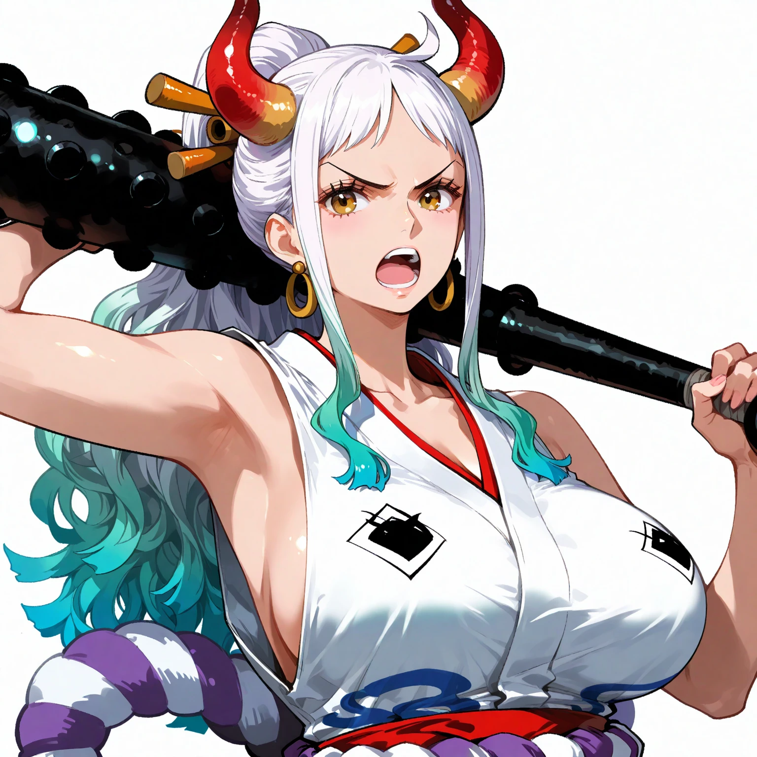 1girl, yamato (one piece), solo, breasts, horns, multicolored hair, weapon, chain, long hair, open mouth, japanese clothes, earrings, jewelry, hair ornament, upper body, sideboob, armpits, sleeveless, sleeveless kimono, holding, holding weapon, rope, club (weapon), curled horns, looking at viewer, oni, smile, green hair, kimono, shackles, cuffs, arm up, shimenawa, white hair, hair stick, collarbone, kanabou, brown eyes, red horns, large breasts, bare shoulders, aqua hair, gradient hair, sidelocks, hoop earrings, ((medium quality)), ((medium quality))