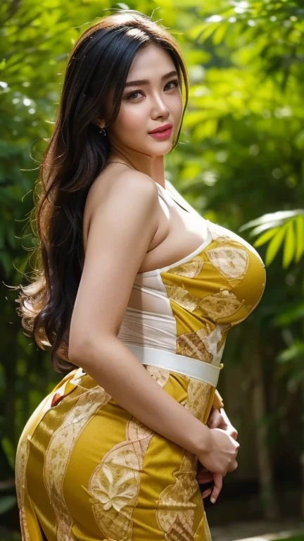 Spring in the misty fields. Erotic, voluptuous, curvy woman. Hana haruna. body measurement of 100-70-90! beautiful chubby face, round face, long hair with flower. Her wide heart-shaped lips curl up, light smile. Beautiful seductive eyes. She wears a short transparent summer dress. Prancing in the fields. Masterpiece, warm orange Lighting, shot from the side. Taniaayusiregar